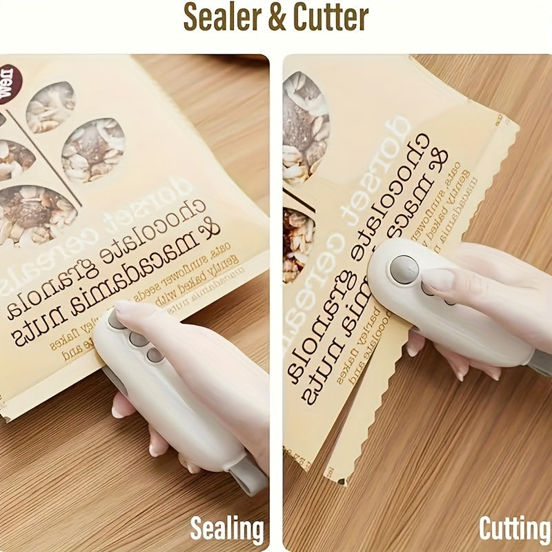 Compact USB Rechargeable Mini Bag Sealer & Cutter - Portable, Handheld Magnetic Heat Sealer for Food Preservation, Ideal for Office Use, 400-1.0mAh Lithium Battery, White, Snack Bag Sealing|Ergonomic Handheld Device|Glossy Wh