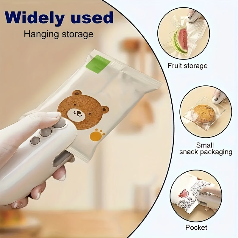 Compact USB Rechargeable Mini Bag Sealer & Cutter - Portable, Handheld Magnetic Heat Sealer for Food Preservation, Ideal for Office Use, 400-1.0mAh Lithium Battery, White, Snack Bag Sealing|Ergonomic Handheld Device|Glossy Wh