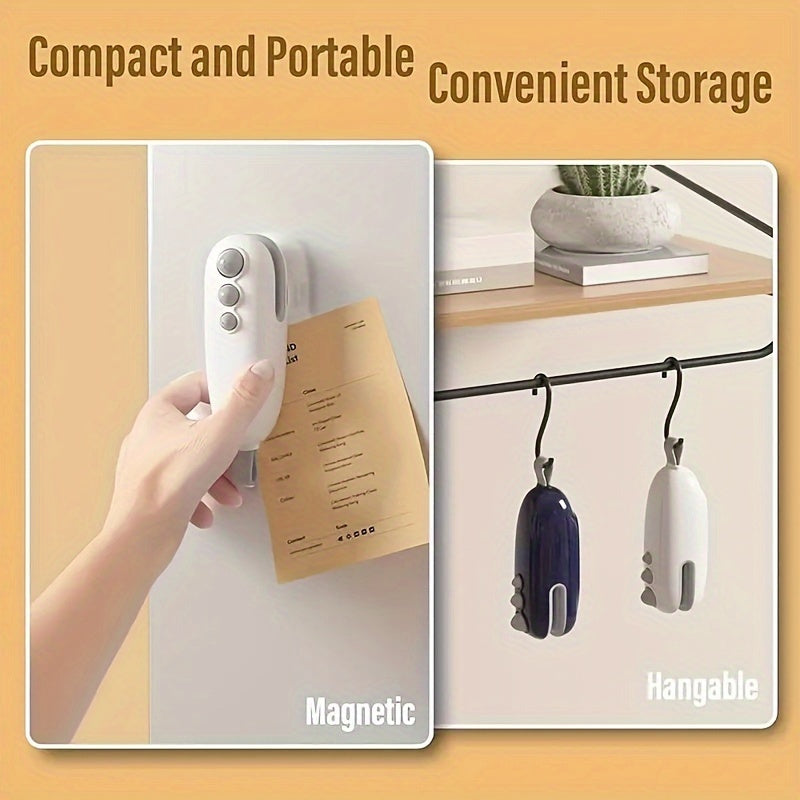 Compact USB Rechargeable Mini Bag Sealer & Cutter - Portable, Handheld Magnetic Heat Sealer for Food Preservation, Ideal for Office Use, 400-1.0mAh Lithium Battery, White, Snack Bag Sealing|Ergonomic Handheld Device|Glossy Wh