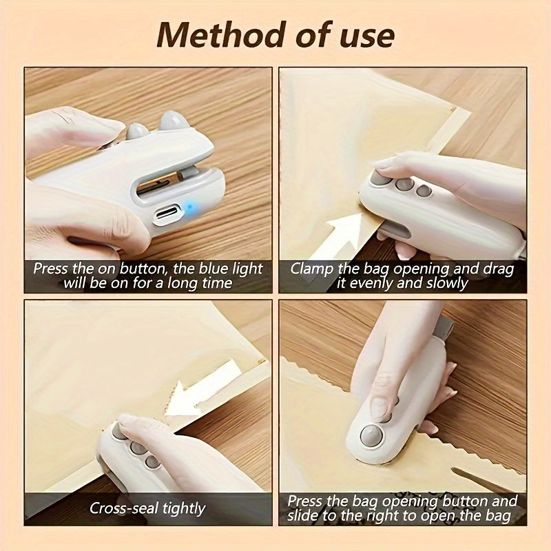 Compact USB Rechargeable Mini Bag Sealer & Cutter - Portable, Handheld Magnetic Heat Sealer for Food Preservation, Ideal for Office Use, 400-1.0mAh Lithium Battery, White, Snack Bag Sealing|Ergonomic Handheld Device|Glossy Wh