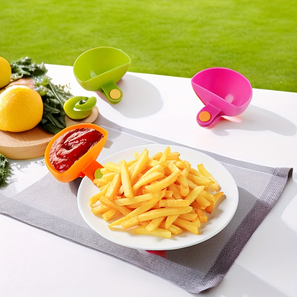 4pcs Colorful Plastic Dip Clip Bowl Plate Holders - Vibrant Green, Pink, Orange & Yellow - Durable PP Material, Dishwasher Safe, Perfect for Chips, Sauces, Veggies & Outdoor Gatherings