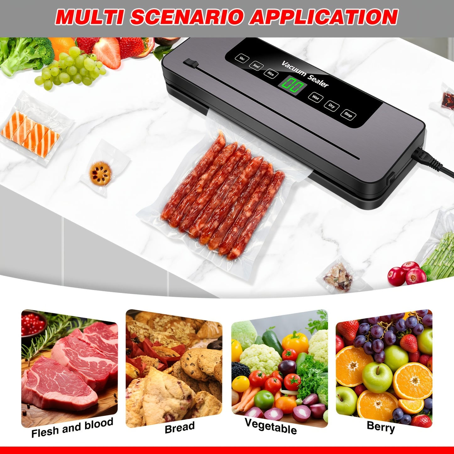 Commercial Vacuum Sealer Seals a Food Saver System for Meals with 10 Sealing Bags, 5 Modes, 65 KPA, to Keep Meat, Vegetables, Fruits, Grains Fresh, Without Battery