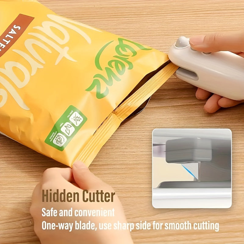 Compact USB Rechargeable Mini Bag Sealer & Cutter - Portable, Handheld Magnetic Heat Sealer for Food Preservation, Ideal for Office Use, 400-1.0mAh Lithium Battery, White, Snack Bag Sealing|Ergonomic Handheld Device|Glossy Wh