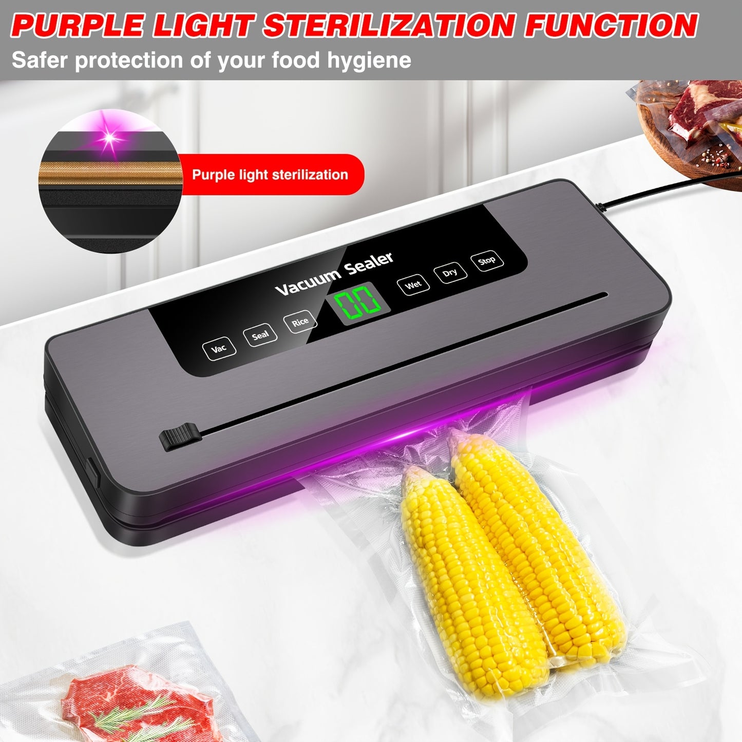 Commercial Vacuum Sealer Seals a Food Saver System for Meals with 10 Sealing Bags, 5 Modes, 65 KPA, to Keep Meat, Vegetables, Fruits, Grains Fresh, Without Battery