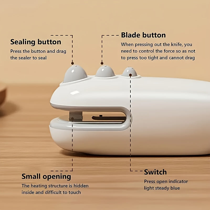 Compact USB Rechargeable Mini Bag Sealer & Cutter - Portable, Handheld Magnetic Heat Sealer for Food Preservation, Ideal for Office Use, 400-1.0mAh Lithium Battery, White, Snack Bag Sealing|Ergonomic Handheld Device|Glossy Wh