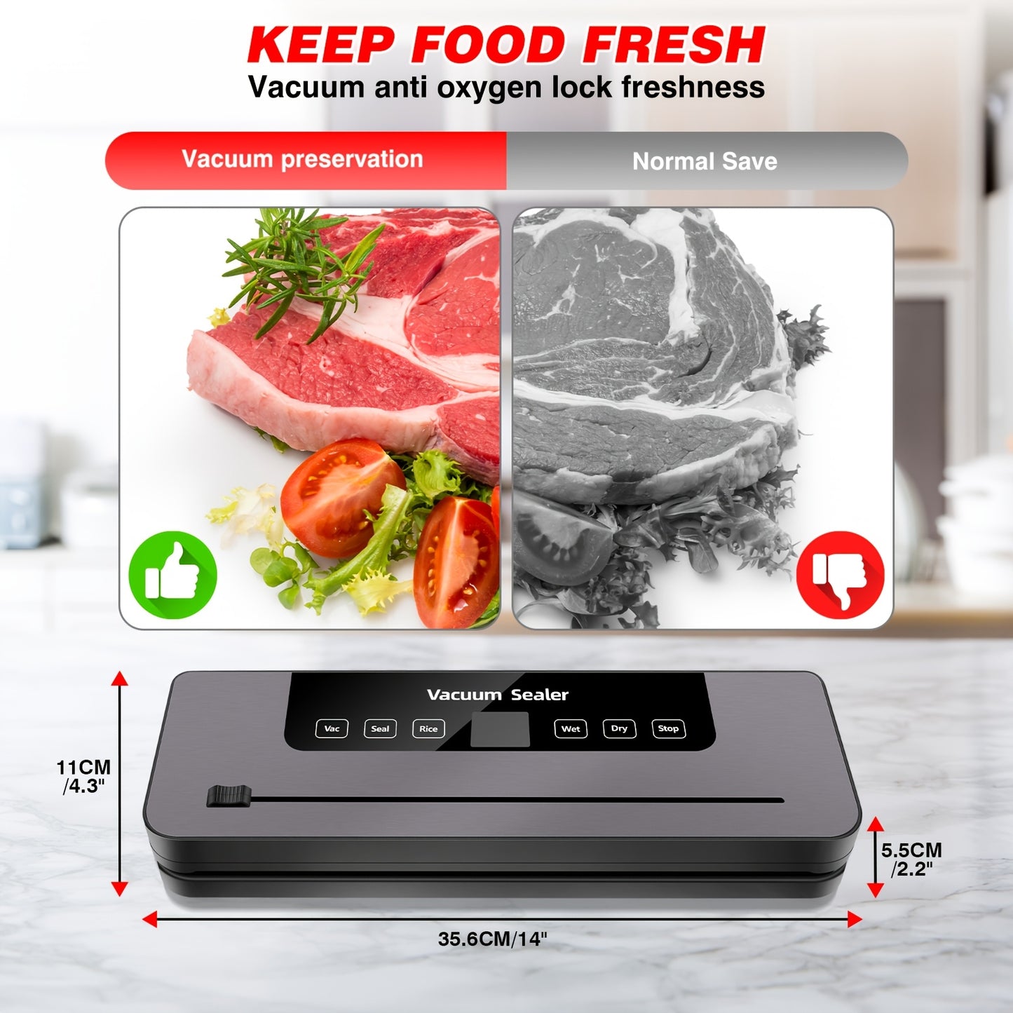 Commercial Vacuum Sealer Seals a Food Saver System for Meals with 10 Sealing Bags, 5 Modes, 65 KPA, to Keep Meat, Vegetables, Fruits, Grains Fresh, Without Battery