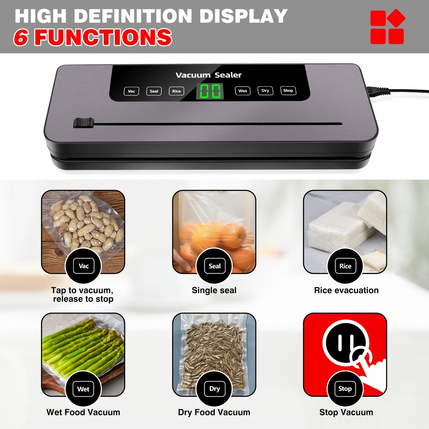 Commercial Vacuum Sealer Seals a Food Saver System for Meals with 10 Sealing Bags, 5 Modes, 65 KPA, to Keep Meat, Vegetables, Fruits, Grains Fresh, Without Battery
