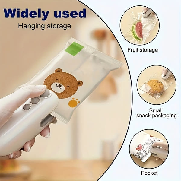Compact USB Rechargeable Mini Bag Sealer & Cutter - Portable, Handheld Magnetic Heat Sealer for Food Preservation, Ideal for Office Use, 400-1.0mAh Lithium Battery, White, Snack Bag Sealing|Ergonomic Handheld Device|Glossy Wh