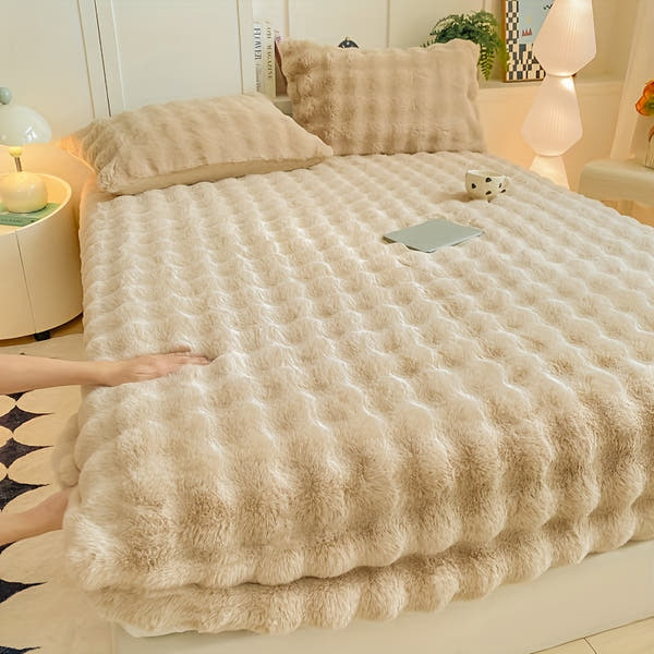1pc Autumn/Winter Thickened Bubble Fitted Sheet, Mattress Protector with 360° Plush Padding, Soft and Breathable Light Beige-Friendly Moisture-Wicking, Bedding Accessories, Cozy Sleep, Plush Padding, Breathable Fabric, Mattr
