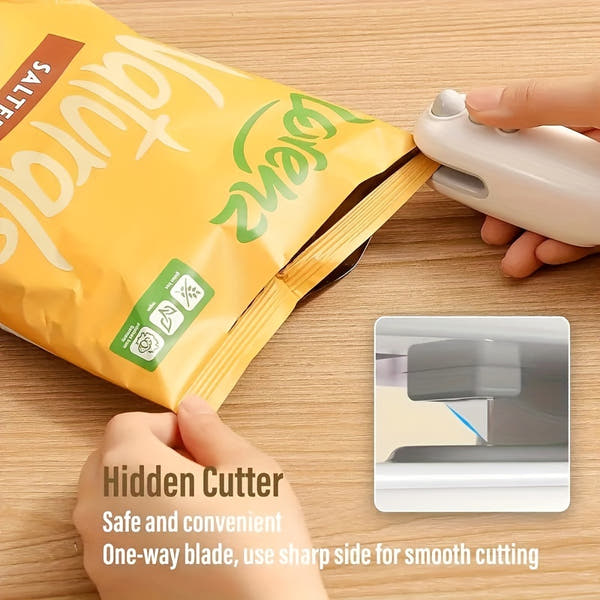 Compact USB Rechargeable Mini Bag Sealer & Cutter - Portable, Handheld Magnetic Heat Sealer for Food Preservation, Ideal for Office Use, 400-1.0mAh Lithium Battery, White, Snack Bag Sealing|Ergonomic Handheld Device|Glossy Wh