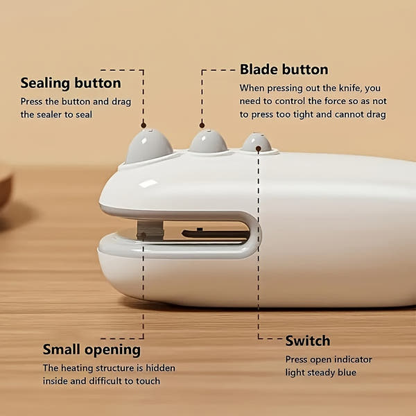 Compact USB Rechargeable Mini Bag Sealer & Cutter - Portable, Handheld Magnetic Heat Sealer for Food Preservation, Ideal for Office Use, 400-1.0mAh Lithium Battery, White, Snack Bag Sealing|Ergonomic Handheld Device|Glossy Wh