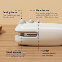 Compact USB Rechargeable Mini Bag Sealer & Cutter - Portable, Handheld Magnetic Heat Sealer for Food Preservation, Ideal for Office Use, 400-1.0mAh Lithium Battery, White, Snack Bag Sealing|Ergonomic Handheld Device|Glossy Wh